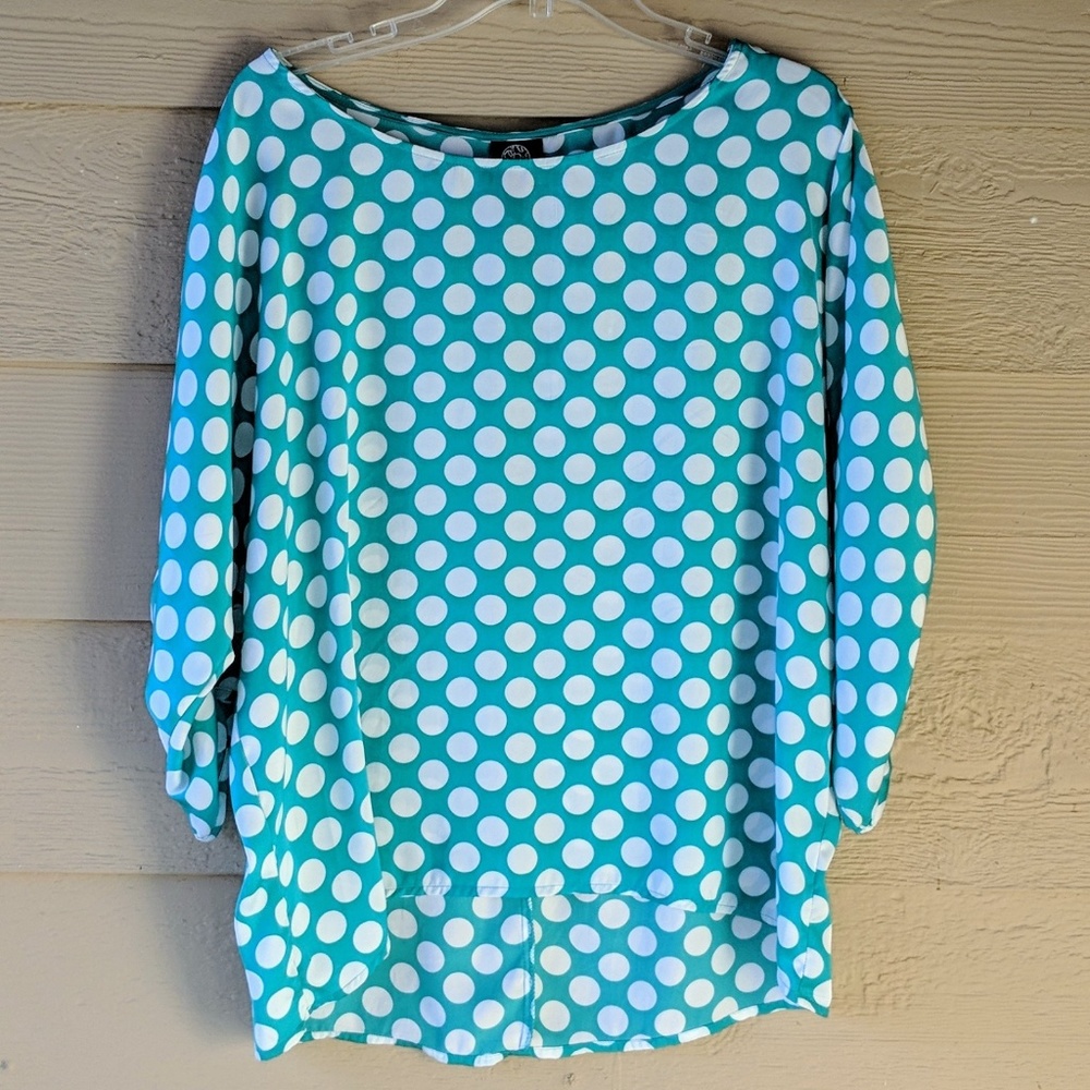 Bobeau Teal Polka Dot Blouse Dolman Sleeve L